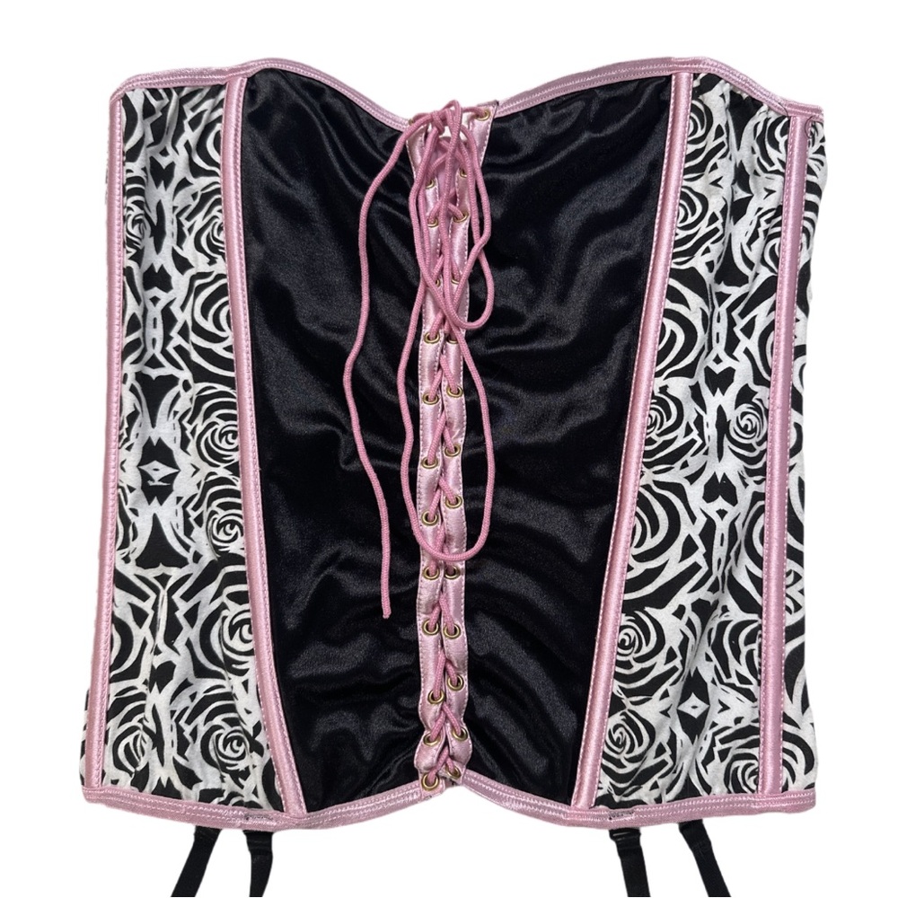 Y2K SEVEN TIL MIDNIGHT women's black + pink rose design boned corset top, XL.